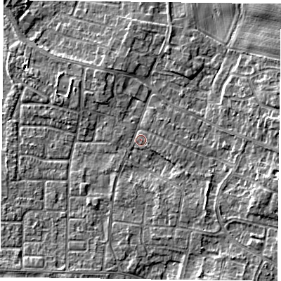 Shaded relief map of the ground around DN76LD, computed from Environment Agency LiDAR. The ground here sits at about 3 m above sea level and falls 4 m across the surrounding 800 m. Surface water reaching this point runs off ground lying to the south-south-east, 2.0 m higher.