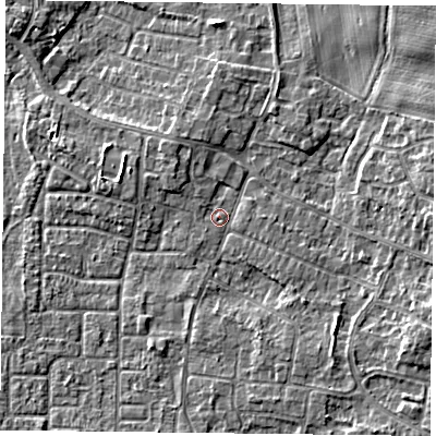 Shaded relief map of the ground around DN76LE, computed from Environment Agency LiDAR. The ground here sits at about 3 m above sea level and falls 4 m across the surrounding 800 m. Surface water reaching this point runs off ground lying to the south-south-east, 2.0 m higher.