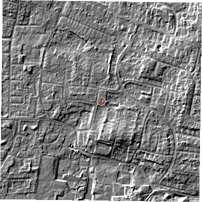 Shaded relief map of the ground around DN76LF, computed from Environment Agency LiDAR. The ground here sits at about 4 m above sea level and falls 6 m across the surrounding 800 m. Surface water reaching this point runs off ground lying to the north, 0.6 m higher.