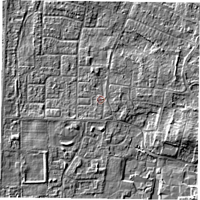 Shaded relief map of the ground around DN76LG, computed from Environment Agency LiDAR. The ground here sits at about 3 m above sea level and falls 4 m across the surrounding 800 m. Surface water reaching this point runs off ground lying to the south-south-west, 0.7 m higher.