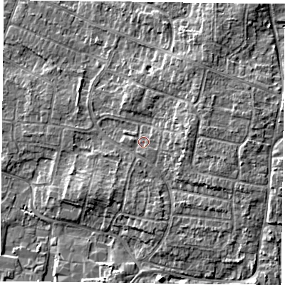 Shaded relief map of the ground around DN76LH, computed from Environment Agency LiDAR. The ground here sits at about 4 m above sea level and falls 6 m across the surrounding 800 m. Surface water reaching this point runs off ground lying to the east-north-east, 3.6 m higher.