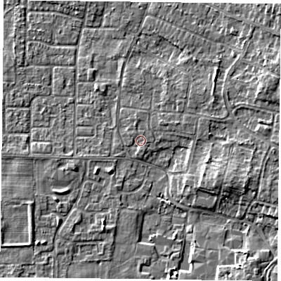 Shaded relief map of the ground around DN76LL, computed from Environment Agency LiDAR. The ground here sits at about 3 m above sea level and falls 5 m across the surrounding 800 m. Surface water reaching this point runs off ground lying to the east-south-east, 4.7 m higher.