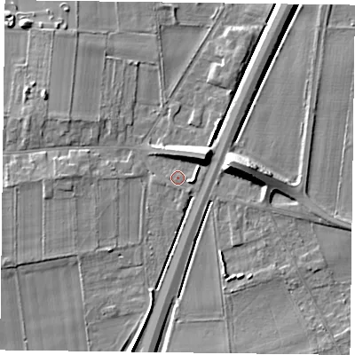 Shaded relief map of the ground around DN76LP, computed from Environment Agency LiDAR. The ground here sits at about 6 m above sea level and falls 10 m across the surrounding 800 m. Surface water reaching this point runs off ground lying to the north-east, 6.7 m higher.