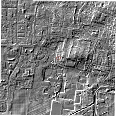 Shaded relief map of the ground around DN76LQ, computed from Environment Agency LiDAR. The ground here sits at about 3 m above sea level and falls 5 m across the surrounding 800 m. Surface water reaching this point runs off ground lying to the south-south-east, 4.9 m higher.