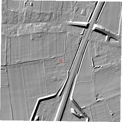 Shaded relief map of the ground around DN76LR, computed from Environment Agency LiDAR. The ground here sits at about 5 m above sea level and falls 11 m across the surrounding 800 m. Surface water reaching this point runs off ground lying to the west-north-west, 1.6 m higher.
