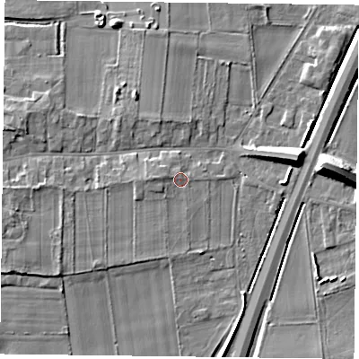 Shaded relief map of the ground around DN76LW, computed from Environment Agency LiDAR. The ground here sits at about 6 m above sea level and falls 10 m across the surrounding 800 m. Surface water reaching this point runs off ground lying to the west, 1.6 m higher.