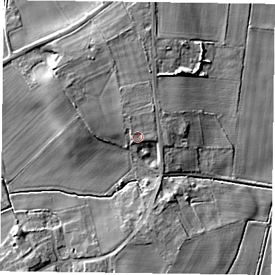 Shaded relief map of the ground around DN76NJ, computed from Environment Agency LiDAR. The ground here sits at about 6 m above sea level and falls 9 m across the surrounding 800 m. Surface water reaching this point runs off ground lying to the north-north-east, 1.9 m higher.