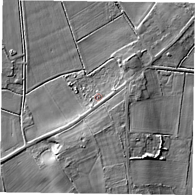 Shaded relief map of the ground around DN76NN, computed from Environment Agency LiDAR. The ground here sits at about 4 m above sea level and falls 9 m across the surrounding 800 m. Surface water reaching this point runs off ground lying to the south, 1.7 m higher.