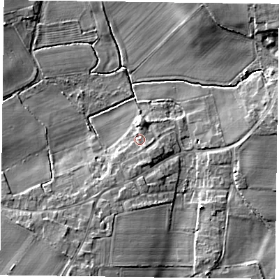 Shaded relief map of the ground around DN76NQ, computed from Environment Agency LiDAR. The ground here sits at about 5 m above sea level and falls 6 m across the surrounding 800 m. Surface water reaching this point runs off ground lying to the south-south-east, 1.4 m higher.