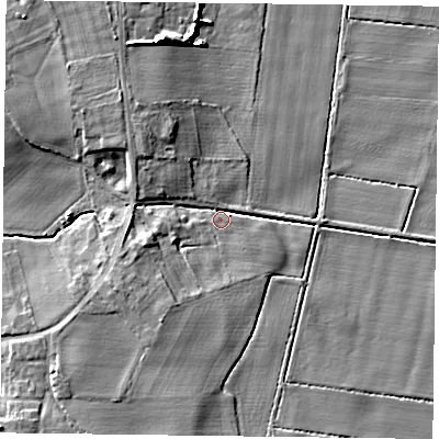 Shaded relief map of the ground around DN76NR, computed from Environment Agency LiDAR. The ground here sits at about 4 m above sea level and falls 9 m across the surrounding 800 m. Surface water reaching this point runs off ground lying to the south-west, 2.9 m higher.