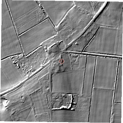 Shaded relief map of the ground around DN76NW, computed from Environment Agency LiDAR. The ground here sits at about 4 m above sea level and falls 9 m across the surrounding 800 m. Surface water reaching this point runs off ground lying to the west-south-west, 2.1 m higher.