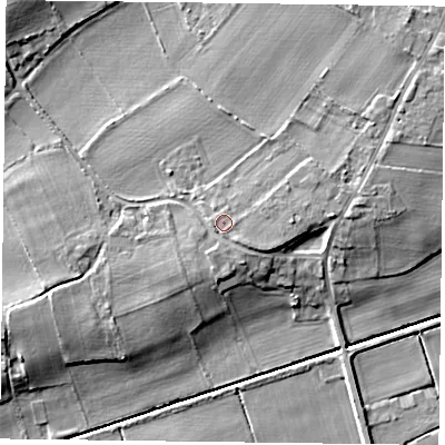 Shaded relief map of the ground around DN76PJ, computed from Environment Agency LiDAR. The ground here sits at about 7 m above sea level and falls 8 m across the surrounding 800 m. Surface water reaching this point runs off ground lying to the south-east, 1.3 m higher.