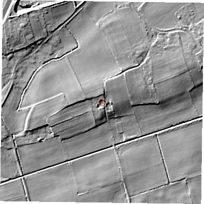 Shaded relief map of the ground around DN76PL, computed from Environment Agency LiDAR. The ground here sits at about 6 m above sea level and falls 9 m across the surrounding 800 m. Surface water reaching this point runs off ground lying to the north, 2.9 m higher.