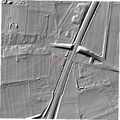 Shaded relief map of the ground around DN76PS, computed from Environment Agency LiDAR. The ground here sits at about 5 m above sea level and falls 11 m across the surrounding 800 m. Surface water reaching this point runs off ground lying to the east, 1.1 m higher.