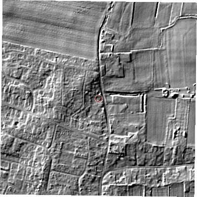 Shaded relief map of the ground around DN76QE, computed from Environment Agency LiDAR. The ground here sits at about 5 m above sea level and falls 6 m across the surrounding 800 m. Surface water reaching this point runs off ground lying to the south-south-east, 3.0 m higher.