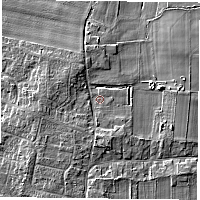 Shaded relief map of the ground around DN76QF, computed from Environment Agency LiDAR. The ground here sits at about 5 m above sea level and falls 6 m across the surrounding 800 m. Surface water reaching this point runs off ground lying to the south, 3.0 m higher.