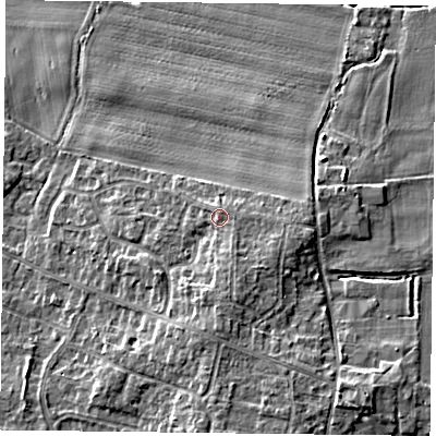 Shaded relief map of the ground around DN76QG, computed from Environment Agency LiDAR. The ground here sits at about 6 m above sea level and falls 6 m across the surrounding 800 m. Surface water reaching this point runs off ground lying to the south-east, 1.0 m higher.