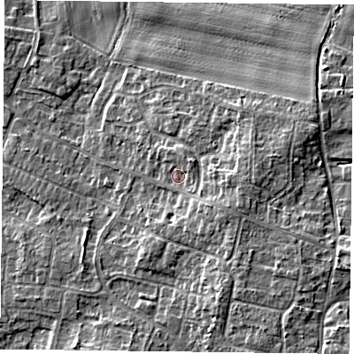 Shaded relief map of the ground around DN76QJ, computed from Environment Agency LiDAR. The ground here sits at about 5 m above sea level and falls 6 m across the surrounding 800 m. Surface water reaching this point runs off ground lying to the east-south-east, 3.3 m higher.
