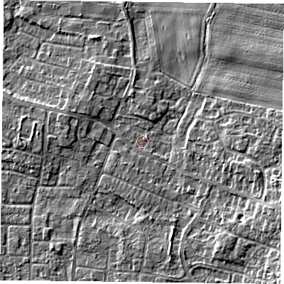 Shaded relief map of the ground around DN76QL, computed from Environment Agency LiDAR. The ground here sits at about 2 m above sea level and falls 6 m across the surrounding 800 m. Surface water reaching this point runs off ground lying to the east-south-east, 5.4 m higher.