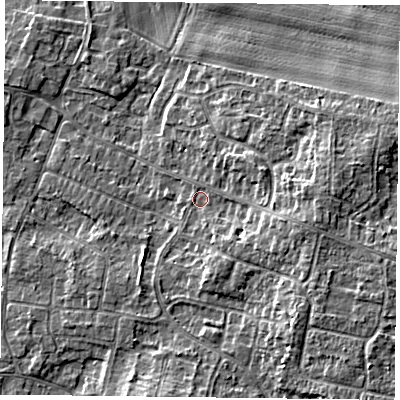 Shaded relief map of the ground around DN76QN, computed from Environment Agency LiDAR. The ground here sits at about 3 m above sea level and falls 6 m across the surrounding 800 m. Surface water reaching this point runs off ground lying to the east-south-east, 4.2 m higher.