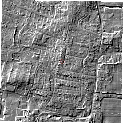 Shaded relief map of the ground around DN76QP, computed from Environment Agency LiDAR. The ground here sits at about 6 m above sea level and falls 6 m across the surrounding 800 m. Surface water reaching this point runs off ground lying to the north-east, 2.0 m higher.