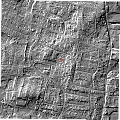Shaded relief map of the ground around DN76QR, computed from Environment Agency LiDAR. The ground here sits at about 5 m above sea level and falls 6 m across the surrounding 800 m. Surface water reaching this point runs off ground lying to the north-east, 3.1 m higher.