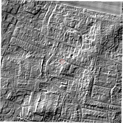 Shaded relief map of the ground around DN76QS, computed from Environment Agency LiDAR. The ground here sits at about 4 m above sea level and falls 6 m across the surrounding 800 m. Surface water reaching this point runs off ground lying to the east, 1.6 m higher.