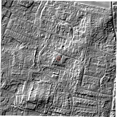Shaded relief map of the ground around DN76QT, computed from Environment Agency LiDAR. The ground here sits at about 5 m above sea level and falls 6 m across the surrounding 800 m. Surface water reaching this point runs off ground lying to the east-north-east, 1.9 m higher.