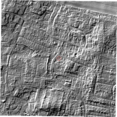 Shaded relief map of the ground around DN76QU, computed from Environment Agency LiDAR. The ground here sits at about 3 m above sea level and falls 6 m across the surrounding 800 m. Surface water reaching this point runs off ground lying to the south-east, 2.3 m higher.