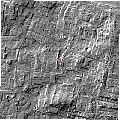 Shaded relief map of the ground around DN76QX, computed from Environment Agency LiDAR. The ground here sits at about 3 m above sea level and falls 6 m across the surrounding 800 m. Surface water reaching this point runs off ground lying to the south-west, 1.5 m higher.