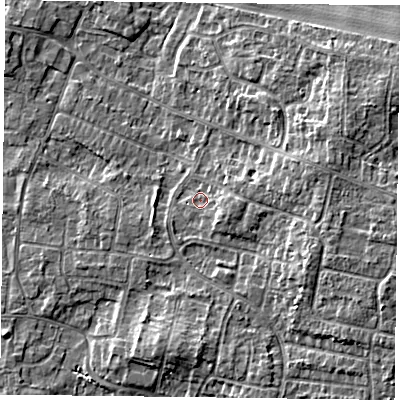 Shaded relief map of the ground around DN76QY, computed from Environment Agency LiDAR. The ground here sits at about 3 m above sea level and falls 6 m across the surrounding 800 m. Surface water reaching this point runs off ground lying to the south-east, 2.0 m higher.
