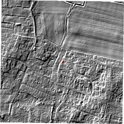Shaded relief map of the ground around DN76QZ, computed from Environment Agency LiDAR. The ground here sits at about 3 m above sea level and falls 6 m across the surrounding 800 m. Surface water reaching this point runs off ground lying to the east, 3.9 m higher.