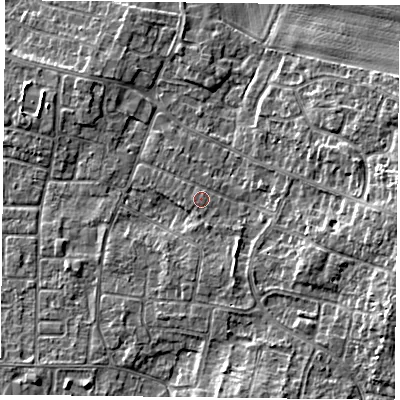 Shaded relief map of the ground around DN76RA, computed from Environment Agency LiDAR. The ground here sits at about 3 m above sea level and falls 6 m across the surrounding 800 m. The ground contributing surface water to this point lies to the west.