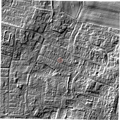 Shaded relief map of the ground around DN76RB, computed from Environment Agency LiDAR. The ground here sits at about 3 m above sea level and falls 6 m across the surrounding 800 m. The ground contributing surface water to this point lies to the south-west.