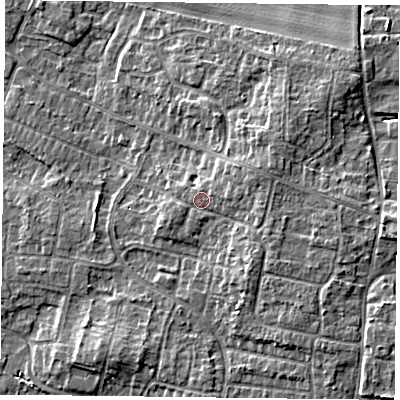 Shaded relief map of the ground around DN76RD, computed from Environment Agency LiDAR. The ground here sits at about 5 m above sea level and falls 6 m across the surrounding 800 m. Surface water reaching this point runs off ground lying to the east-north-east, 1.7 m higher.