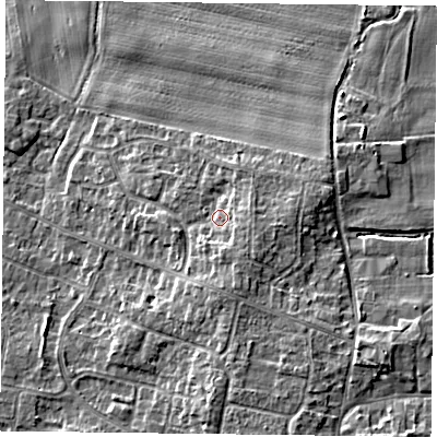 Shaded relief map of the ground around DN76RJ, computed from Environment Agency LiDAR. The ground here sits at about 6 m above sea level and falls 6 m across the surrounding 800 m. Surface water reaching this point runs off ground lying to the south-east, 2.5 m higher.