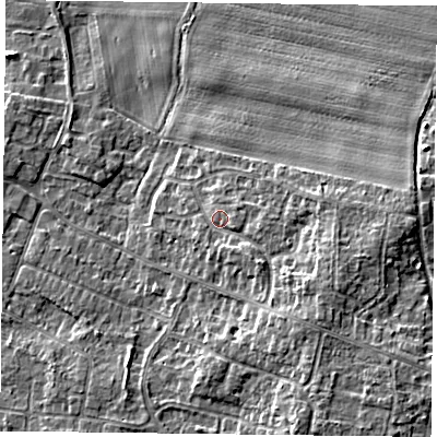Shaded relief map of the ground around DN76RL, computed from Environment Agency LiDAR. The ground here sits at about 5 m above sea level and falls 6 m across the surrounding 800 m. Surface water reaching this point runs off ground lying to the south-east, 3.6 m higher.