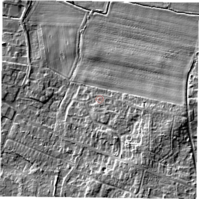 Shaded relief map of the ground around DN76RN, computed from Environment Agency LiDAR. The ground here sits at about 4 m above sea level and falls 7 m across the surrounding 800 m. Surface water reaching this point runs off ground lying to the east-south-east, 2.6 m higher.