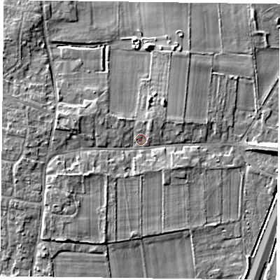 Shaded relief map of the ground around DN76RS, computed from Environment Agency LiDAR. The ground here sits at about 6 m above sea level and falls 6 m across the surrounding 800 m. Surface water reaching this point runs off ground lying to the west-north-west, 2.8 m higher.