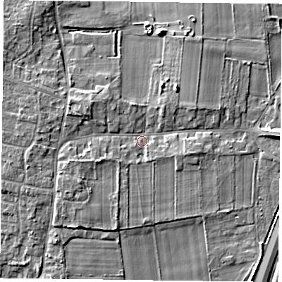 Shaded relief map of the ground around DN76RY, computed from Environment Agency LiDAR. The ground here sits at about 6 m above sea level and falls 5 m across the surrounding 800 m. Surface water reaching this point runs off ground lying to the west-north-west, 2.8 m higher.