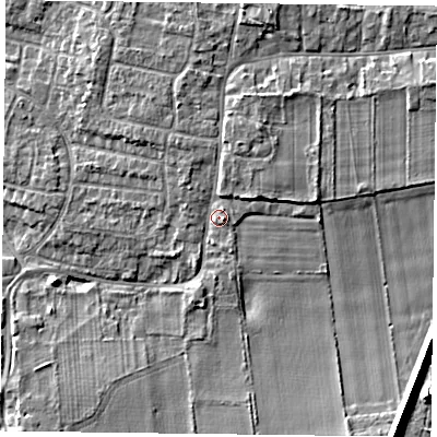 Shaded relief map of the ground around DN76SA, computed from Environment Agency LiDAR. The ground here sits at about 5 m above sea level and falls 8 m across the surrounding 800 m. Surface water reaching this point runs off ground lying to the north, 2.8 m higher.