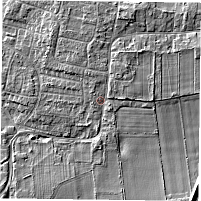 Shaded relief map of the ground around DN76SD, computed from Environment Agency LiDAR. The ground here sits at about 5 m above sea level and falls 8 m across the surrounding 800 m. Surface water reaching this point runs off ground lying to the north-north-east, 2.6 m higher.