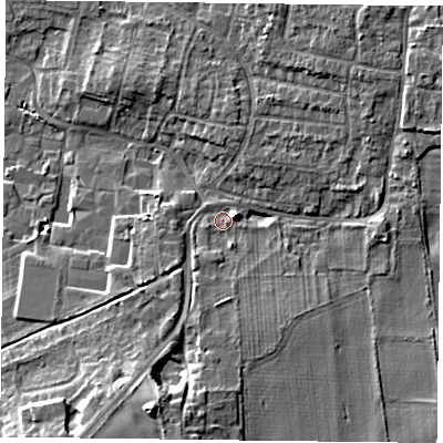 Shaded relief map of the ground around DN76SE, computed from Environment Agency LiDAR. The ground here sits at about 4 m above sea level and falls 11 m across the surrounding 800 m. Surface water reaching this point runs off ground lying to the south-south-west, 9.3 m higher.