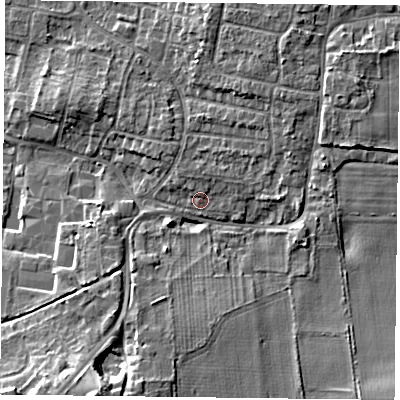 Shaded relief map of the ground around DN76SF, computed from Environment Agency LiDAR. The ground here sits at about 4 m above sea level and falls 10 m across the surrounding 800 m. Surface water reaching this point runs off ground lying to the north, 1.0 m higher.