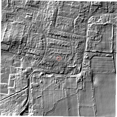 Shaded relief map of the ground around DN76SG, computed from Environment Agency LiDAR. The ground here sits at about 5 m above sea level and falls 6 m across the surrounding 800 m. Surface water reaching this point runs off ground lying to the west, 0.8 m higher.