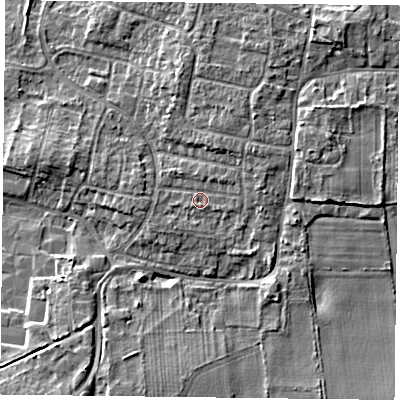 Shaded relief map of the ground around DN76SH, computed from Environment Agency LiDAR. The ground here sits at about 5 m above sea level and falls 6 m across the surrounding 800 m. Surface water reaching this point runs off ground lying to the north-east, 2.2 m higher.