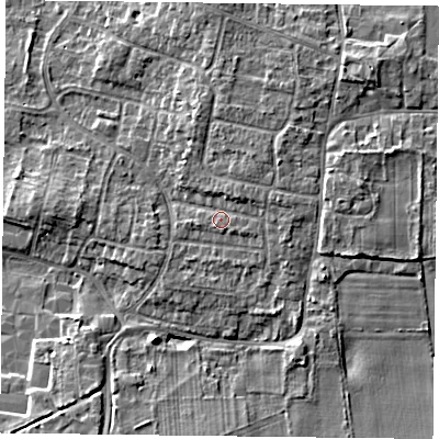 Shaded relief map of the ground around DN76SJ, computed from Environment Agency LiDAR. The ground here sits at about 5 m above sea level and falls 6 m across the surrounding 800 m. Surface water reaching this point runs off ground lying to the north-east, 2.7 m higher.