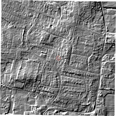 Shaded relief map of the ground around DN76SL, computed from Environment Agency LiDAR. The ground here sits at about 5 m above sea level and falls 6 m across the surrounding 800 m. Surface water reaching this point runs off ground lying to the east-north-east, 2.1 m higher.