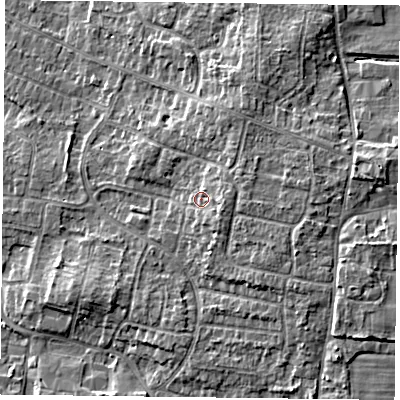 Shaded relief map of the ground around DN76SN, computed from Environment Agency LiDAR. The ground here sits at about 5 m above sea level and falls 6 m across the surrounding 800 m. Surface water reaching this point runs off ground lying to the east, 2.3 m higher.