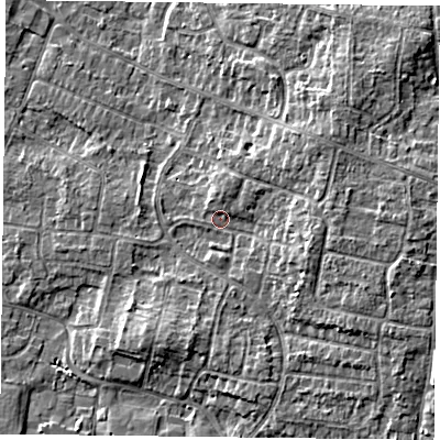 Shaded relief map of the ground around DN76SP, computed from Environment Agency LiDAR. The ground here sits at about 4 m above sea level and falls 6 m across the surrounding 800 m. Surface water reaching this point runs off ground lying to the east, 3.8 m higher.